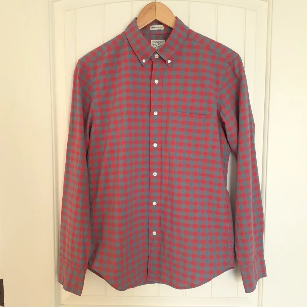 J. Crew Slim Untucked Organic Cotton Check Plaid Button Down Red Blue Size S